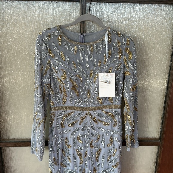 Mac Duggal BEADED LONG SLEEVE EVENING GOWN size 8 in platinum gold NEW $598 - Picture 6 of 12